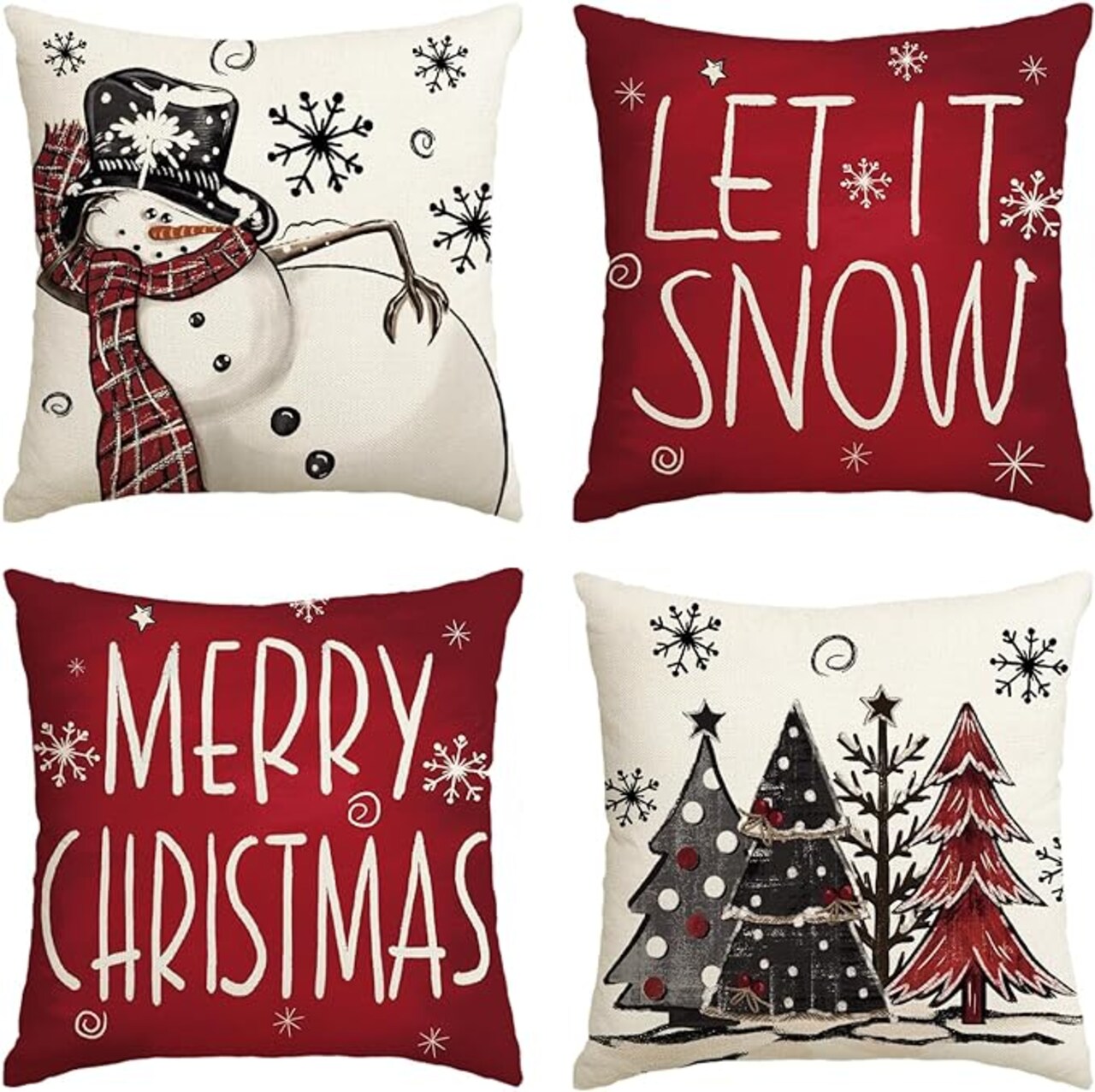 Merry Christmas Snowman Let It Snow Throw Pillow Covers, 18 x 18 Inch Xmas Tree Winter Holiday Cushion Case Decoration for Sofa Couch Set of 4